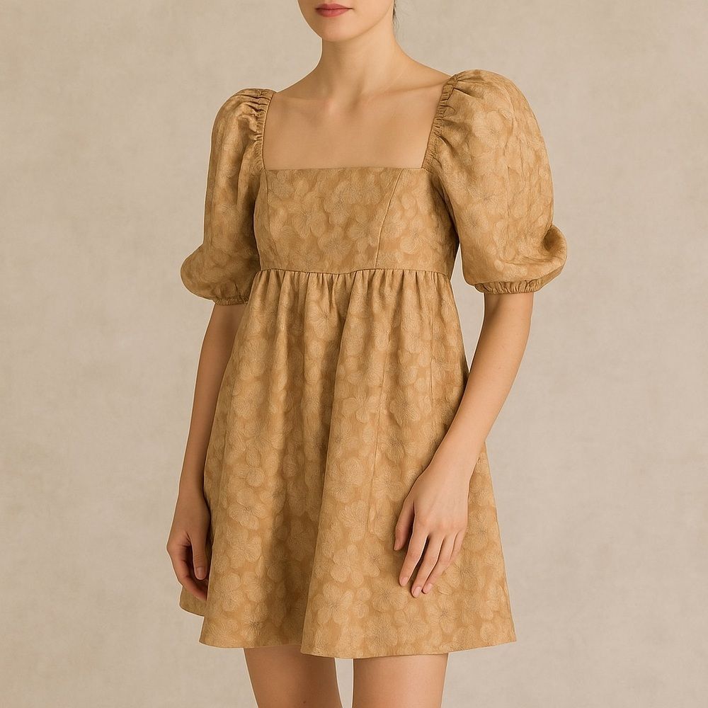 Storia Puff Sleeve Mini Babydoll Dress Tan Floral Textured Square Neck Sz Small
